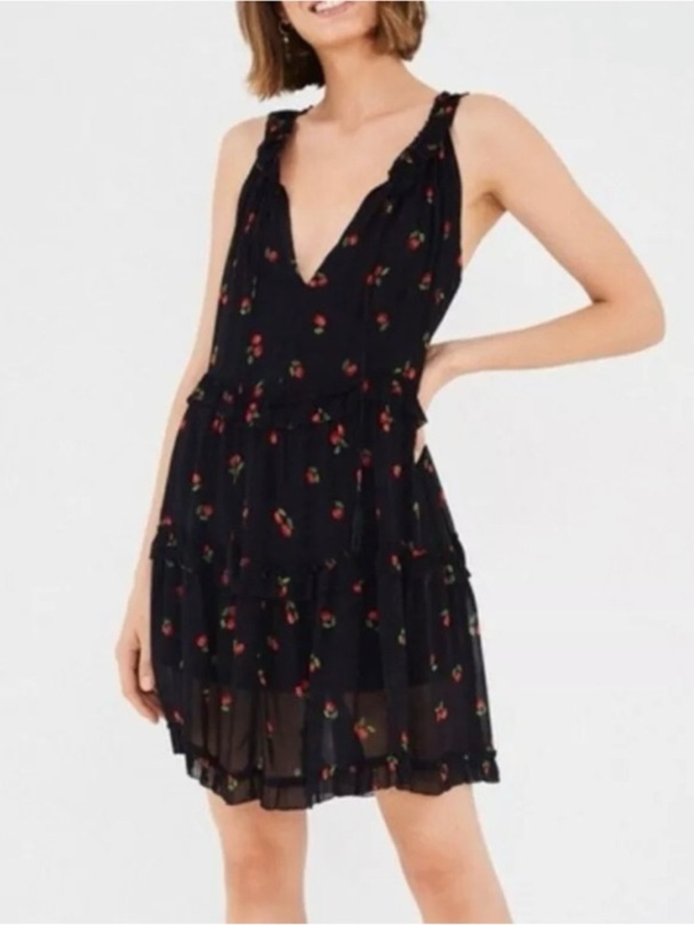FARM Rio Pitanga Cherry black tiered mini dress S